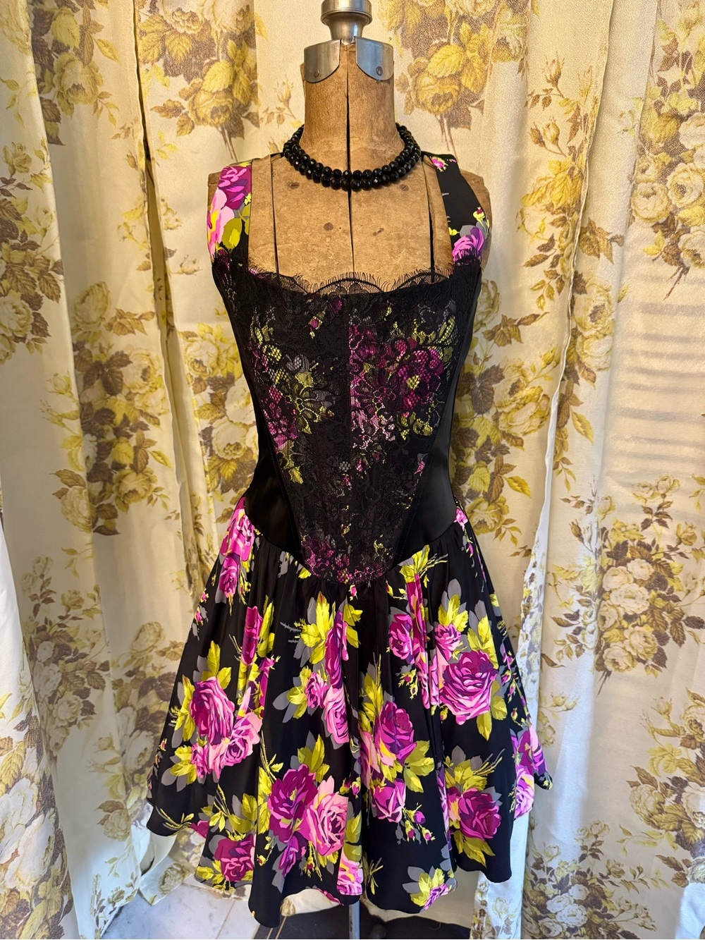 Betsey Johnson Black Floral Lace Corset Girls' Dress in Pink & Lime